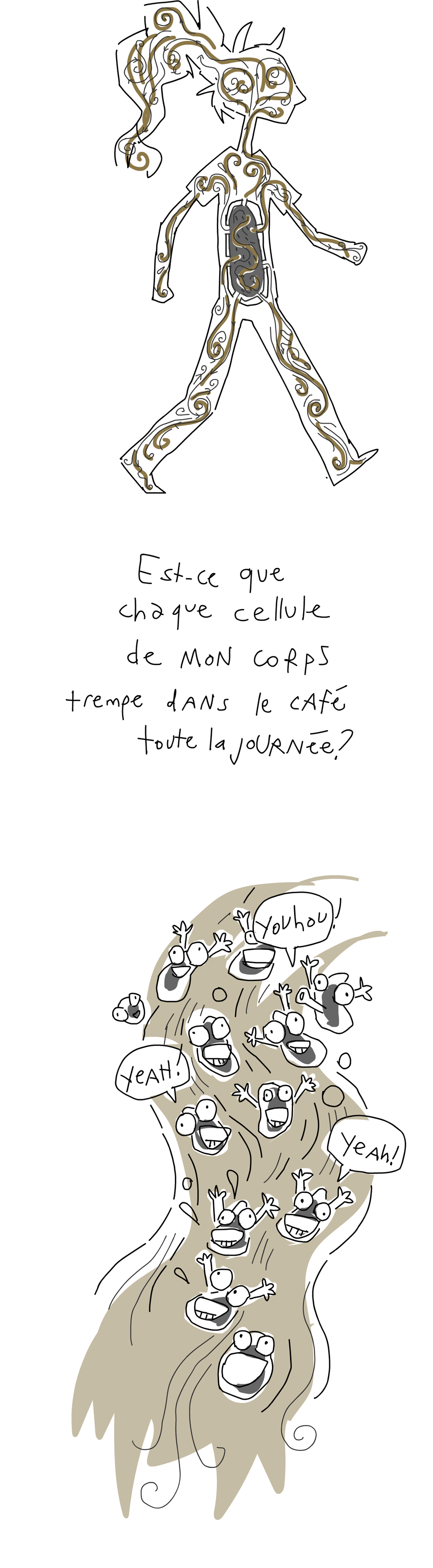 Et je me demande: est-ce que chaque cellule de mon corps temps dans le café toute la journée ? 