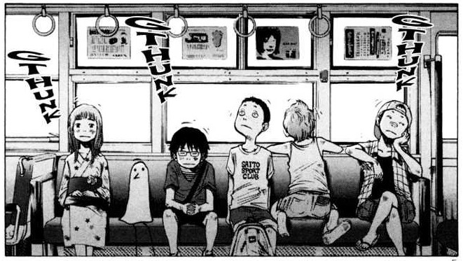 Kids in the train, and one of them is a weird silly quick drawing of a strange baby chicken. Therefore he is Pun Pun, the most complex character in this story. Welcome into the lovely crazy world of Inio Asano !