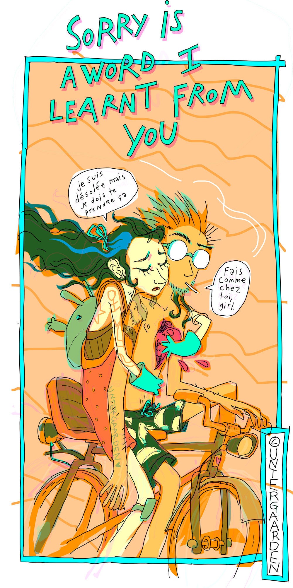 Une fille et un garçon font du vélo, la fille arrache le coeur au garçon, mais pas sans lui demander son autorisation. Il lui dit de se servir.