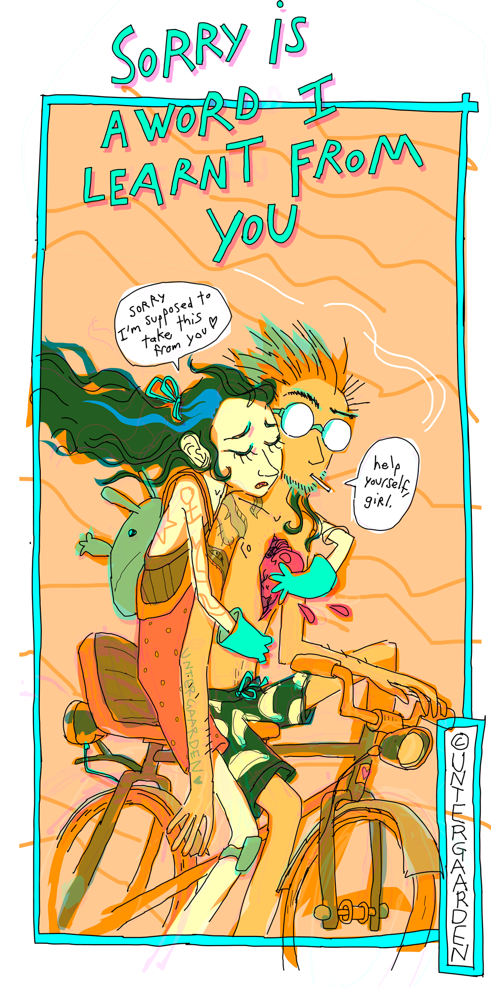 A cute girl is carving a heart out a boy chest, but she's asking for mermission so everything is fine, is'nt it ? He says she can help herself